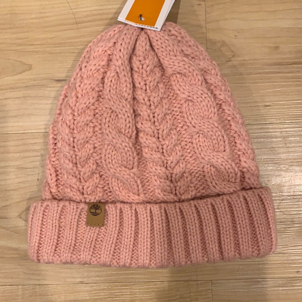 Women's Timberland Pink Cable Knit Faux Fur Lined Cuff Beanie